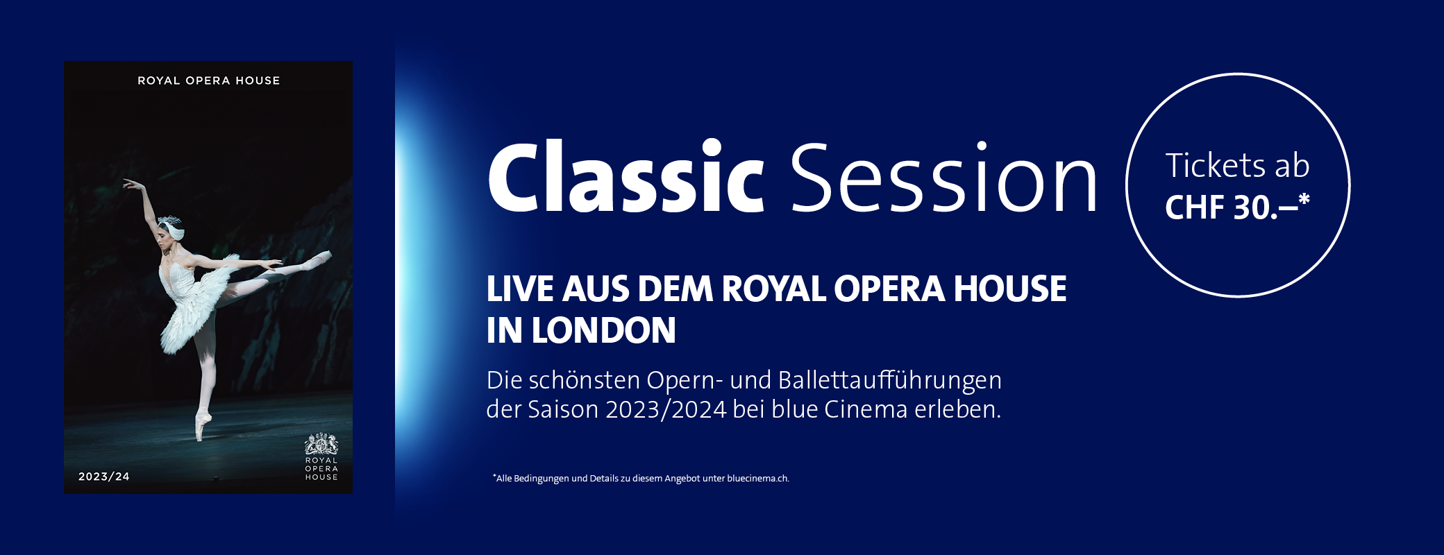 Werbebanner für klassische Konzert- und Ballettaufführungen live aus dem Royal Opera House in London, angeboten von blue Cinema für die Saison 2023/2024.