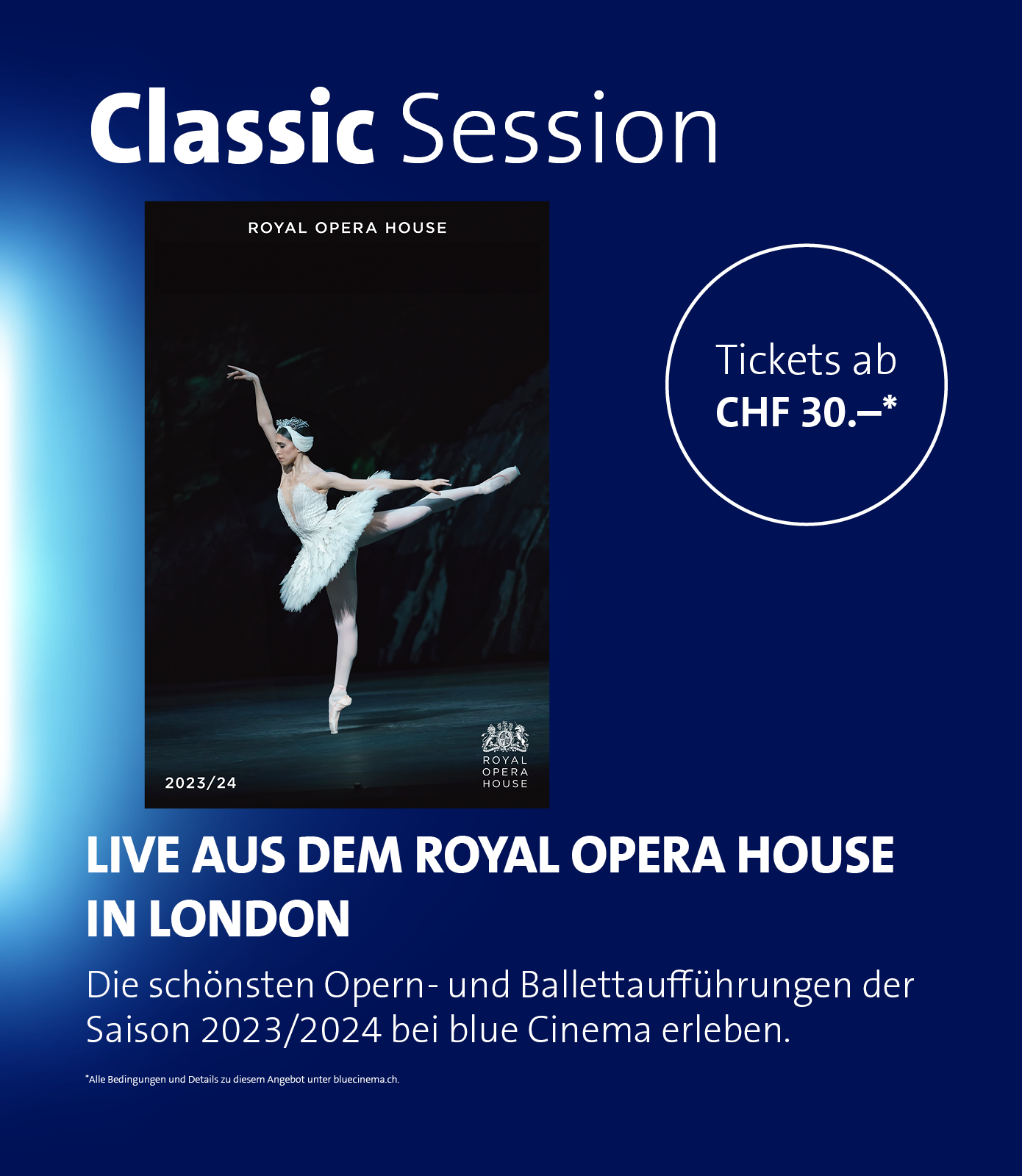 Werbebanner für klassische Konzert- und Ballettaufführungen live aus dem Royal Opera House in London, angeboten von blue Cinema für die Saison 2023/2024.