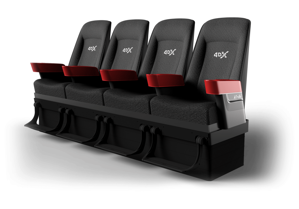 Black 4DX cinema seats with red details and a movable backrest.