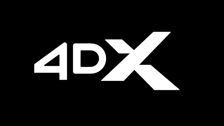 4DX® logo on a dark background symbolizing dynamic cinema experience at blue cinema.