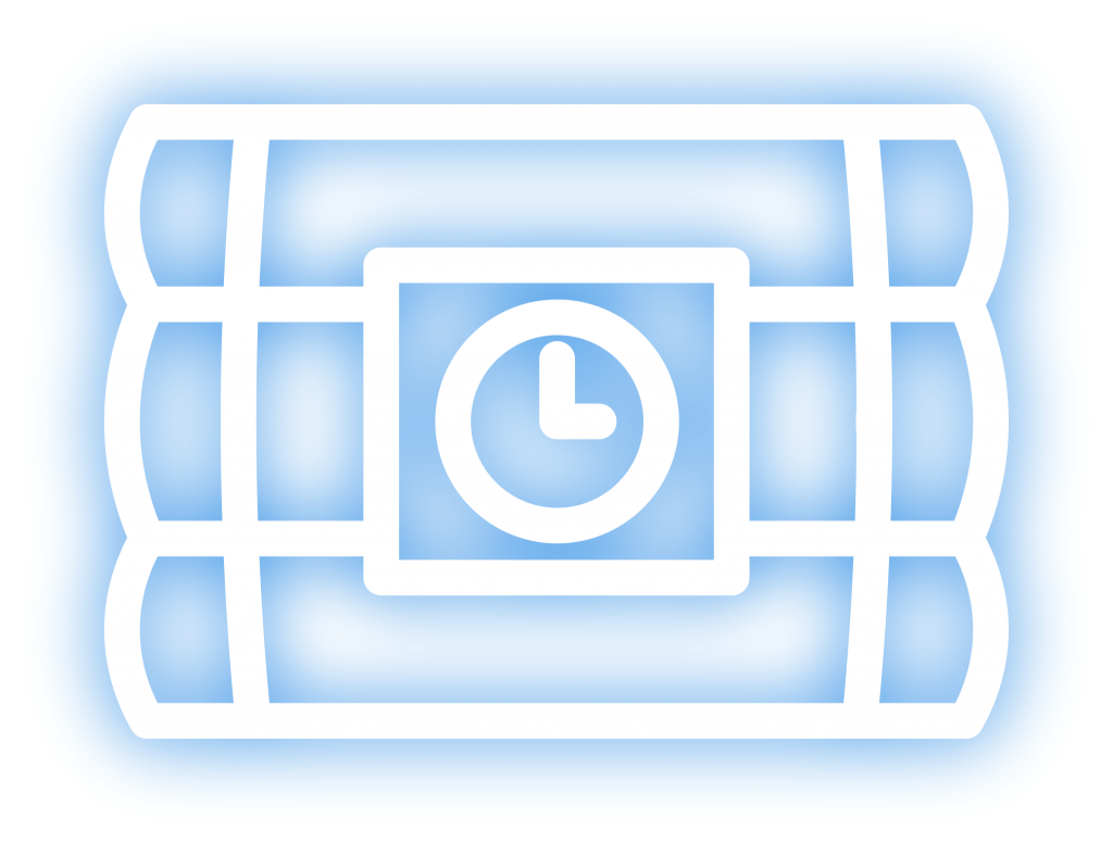 Blaues Schild mit Uhrsymbol für strategische Lasertag-Missionen.