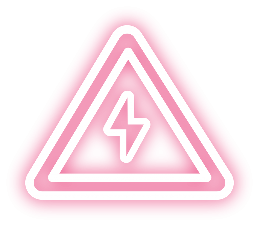 Warnschild mit Blitzsymbol für Lasertag-Missionen in leuchtendem Pink.