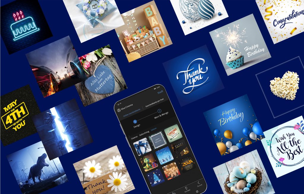 Online-Geschenkkarten von blue Cinema mit einer Auswahl an verschiedenen Grafiken.