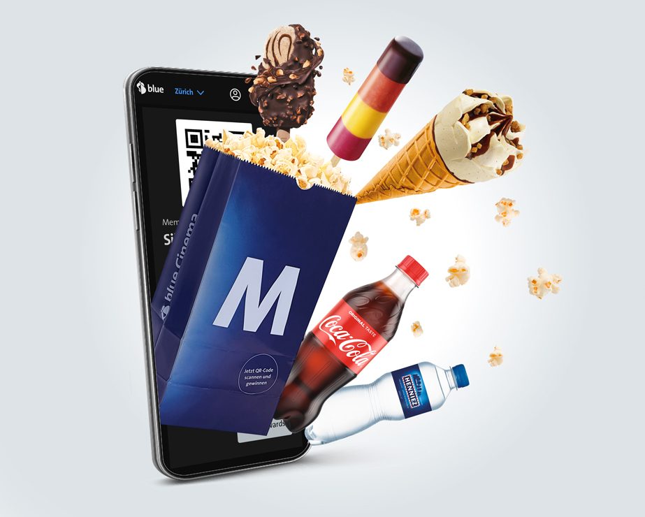 Smartphone app with QR code and cinema snacks like popcorn, ice cream, and beverages