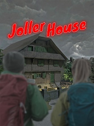 Zwei Wanderer blicken auf ein mysteriöses Haus im Stil eines Gruselspiels.