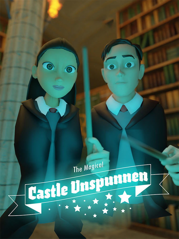 Zwei junge Zauberer bereiten sich in einer magischen Bibliothek auf ein Abenteuer vor.