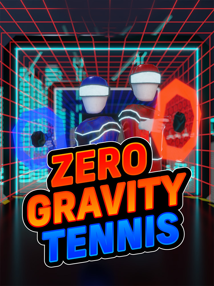 Zwei Spieler in einem futuristischen VR-Tennisspiel ohne Schwerkraft.