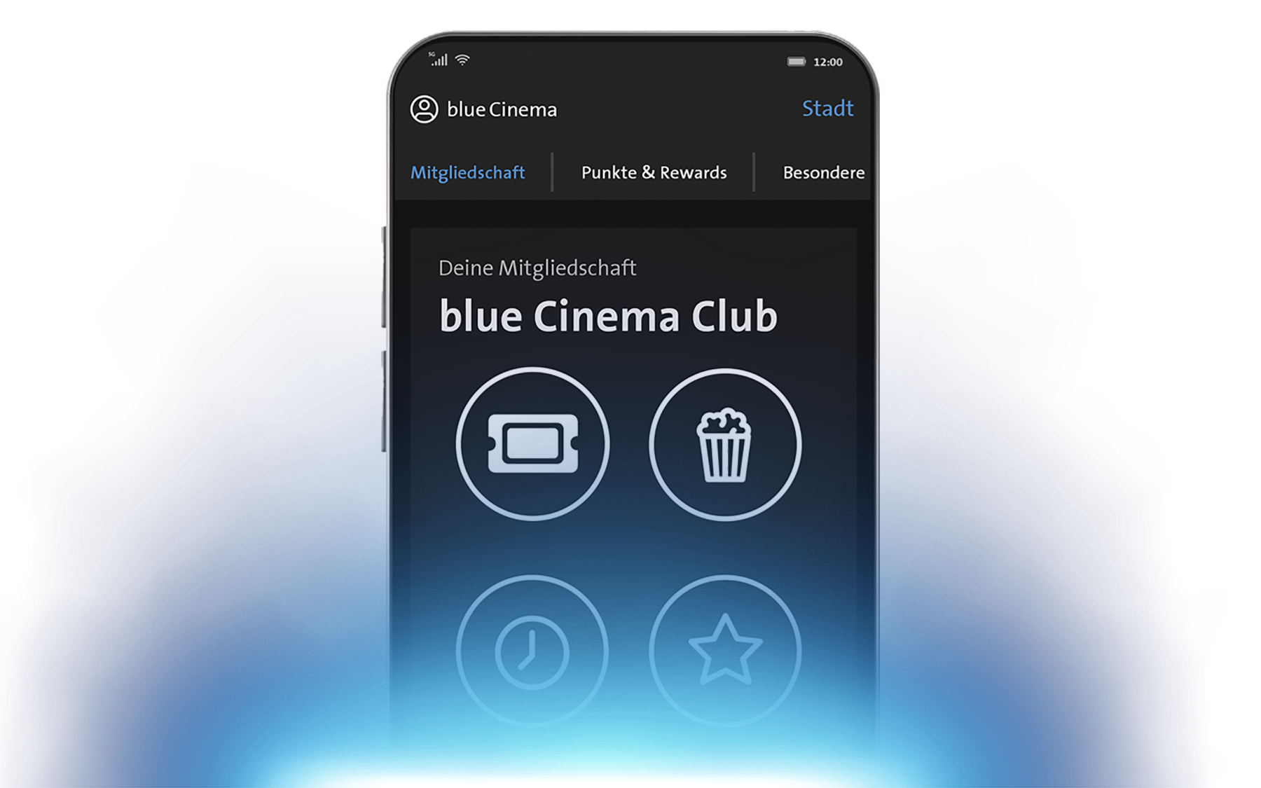 blue Cinema Club app on a smartphone, membership overview
