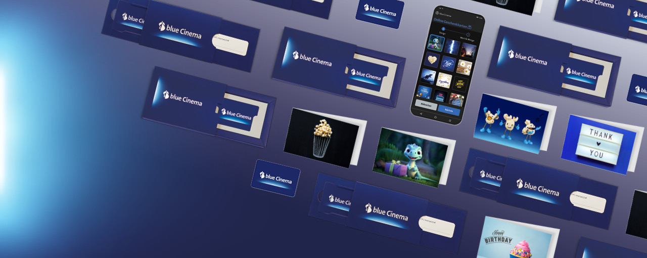 A selection of blue Cinema gift cards for employees and customers.