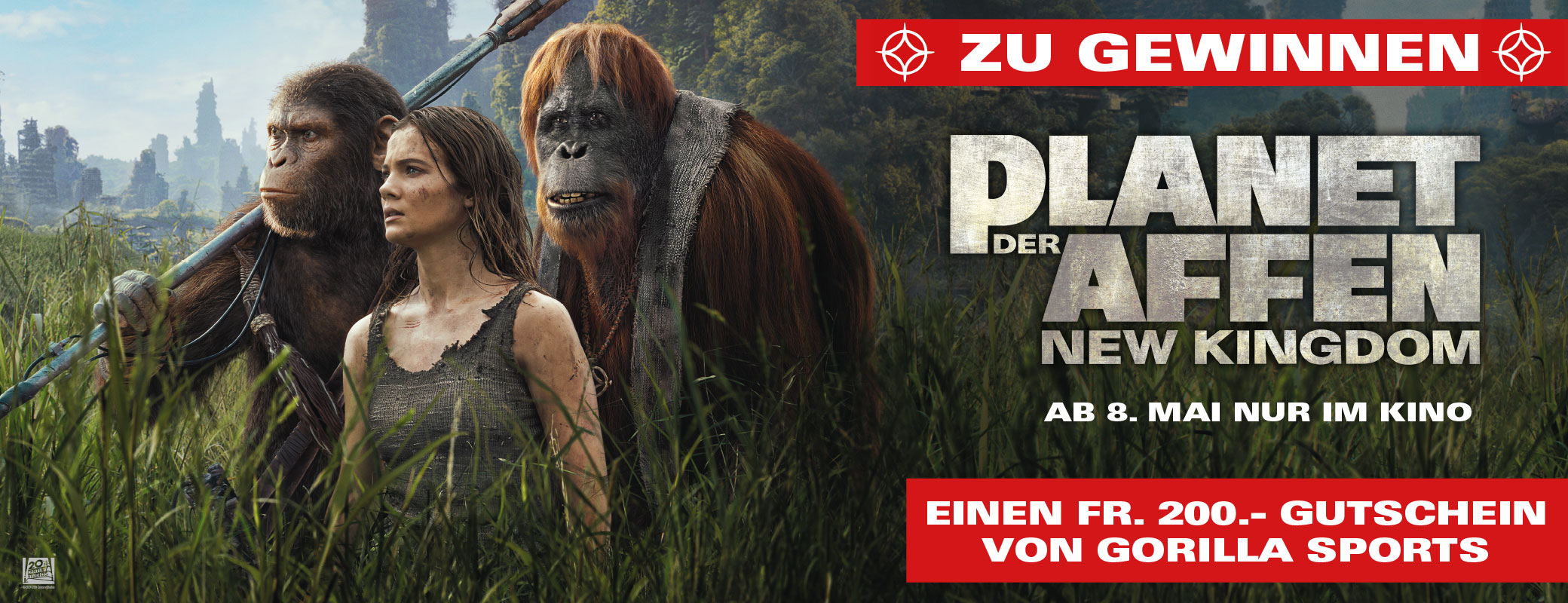 Werbung für 'Planet der Affen: New Kingdom' mit zwei Affen und einem Menschen in einem üppigen Wald.