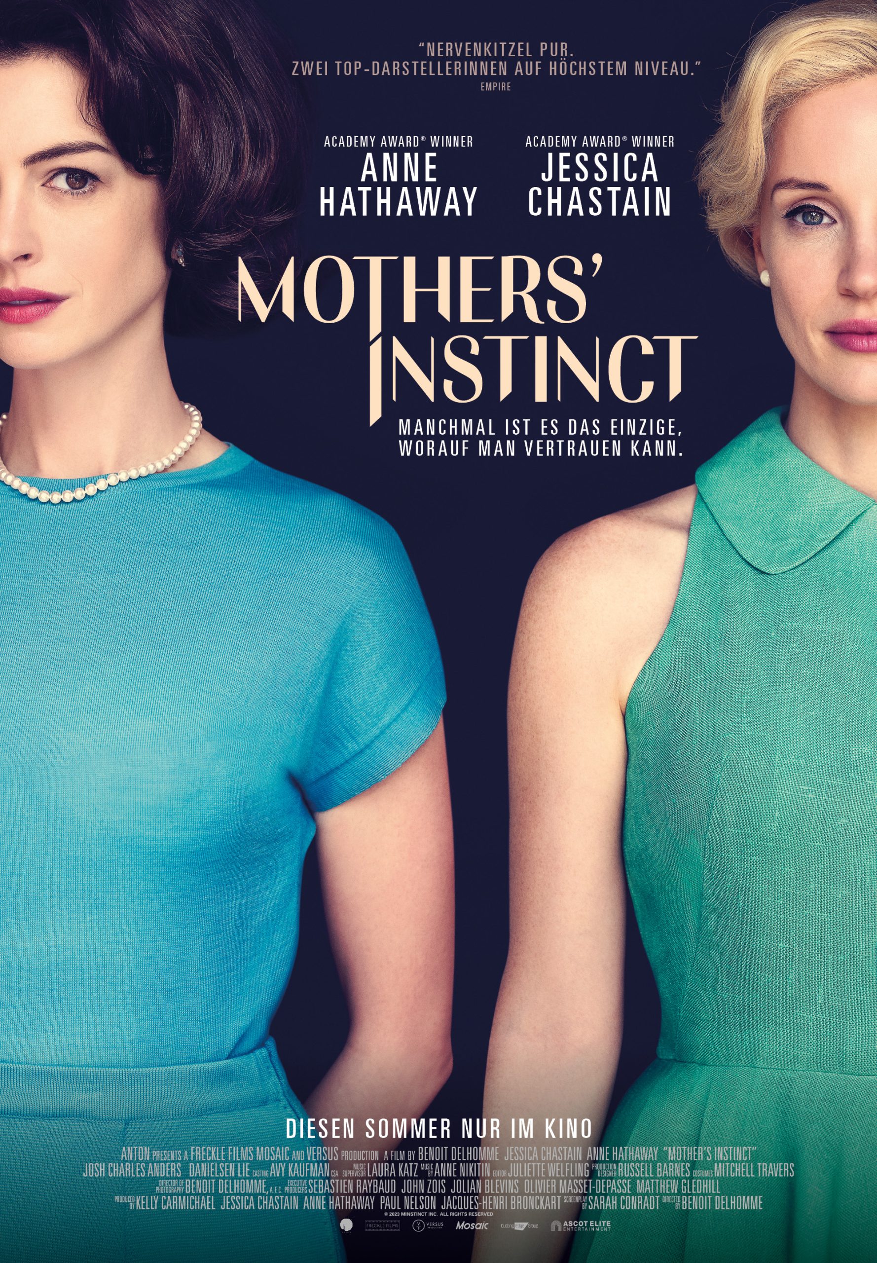 Movie poster of "Mother's Instinct" featuring Anne Hathaway and Jessica Chastain in elegant dresses