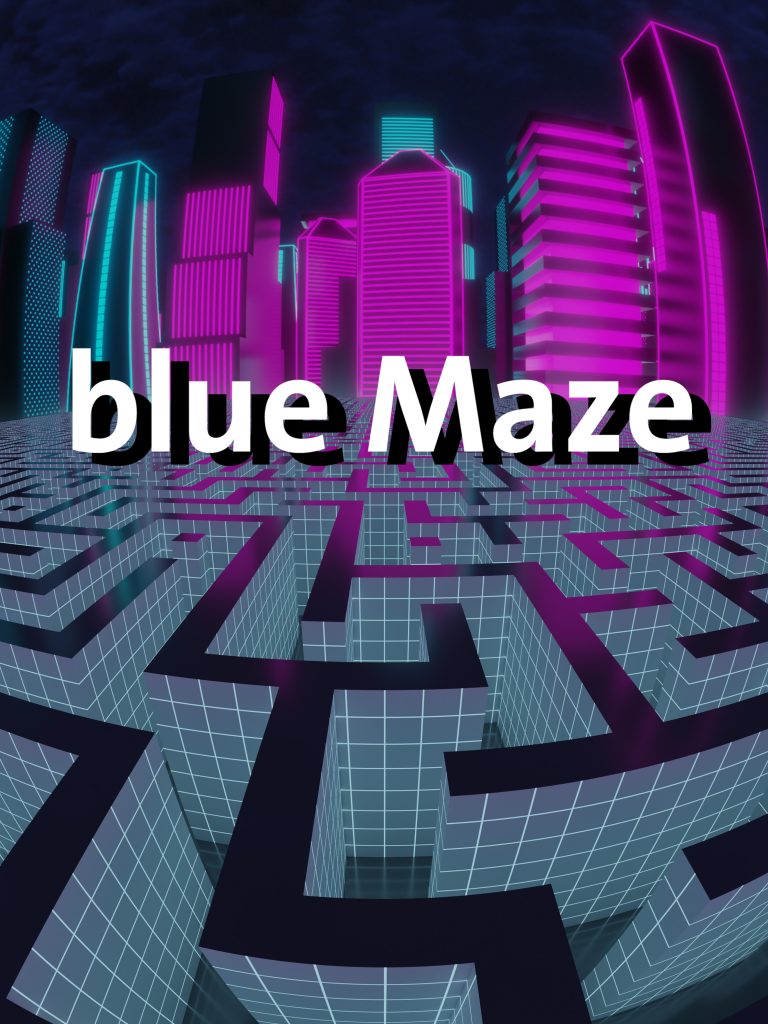 Virtuelles Realitätsspiel blue Maze mit futuristischer Stadt und Labyrinth